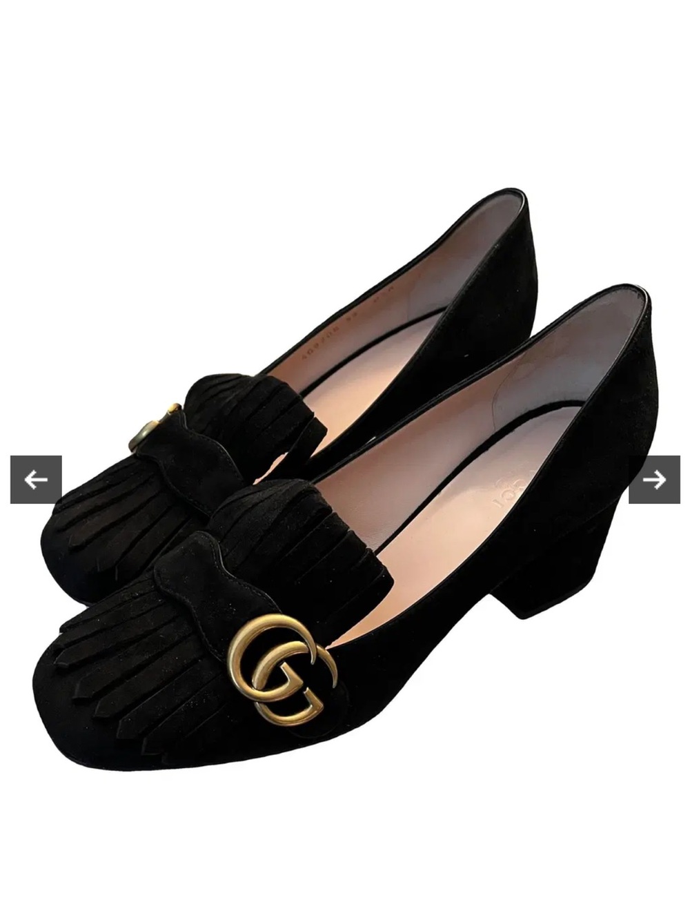 Gucci Black Suede Marmont Fringe Block Heel Loafers with Gold GG in Sz 38 1/2 - Picture 11 of 16